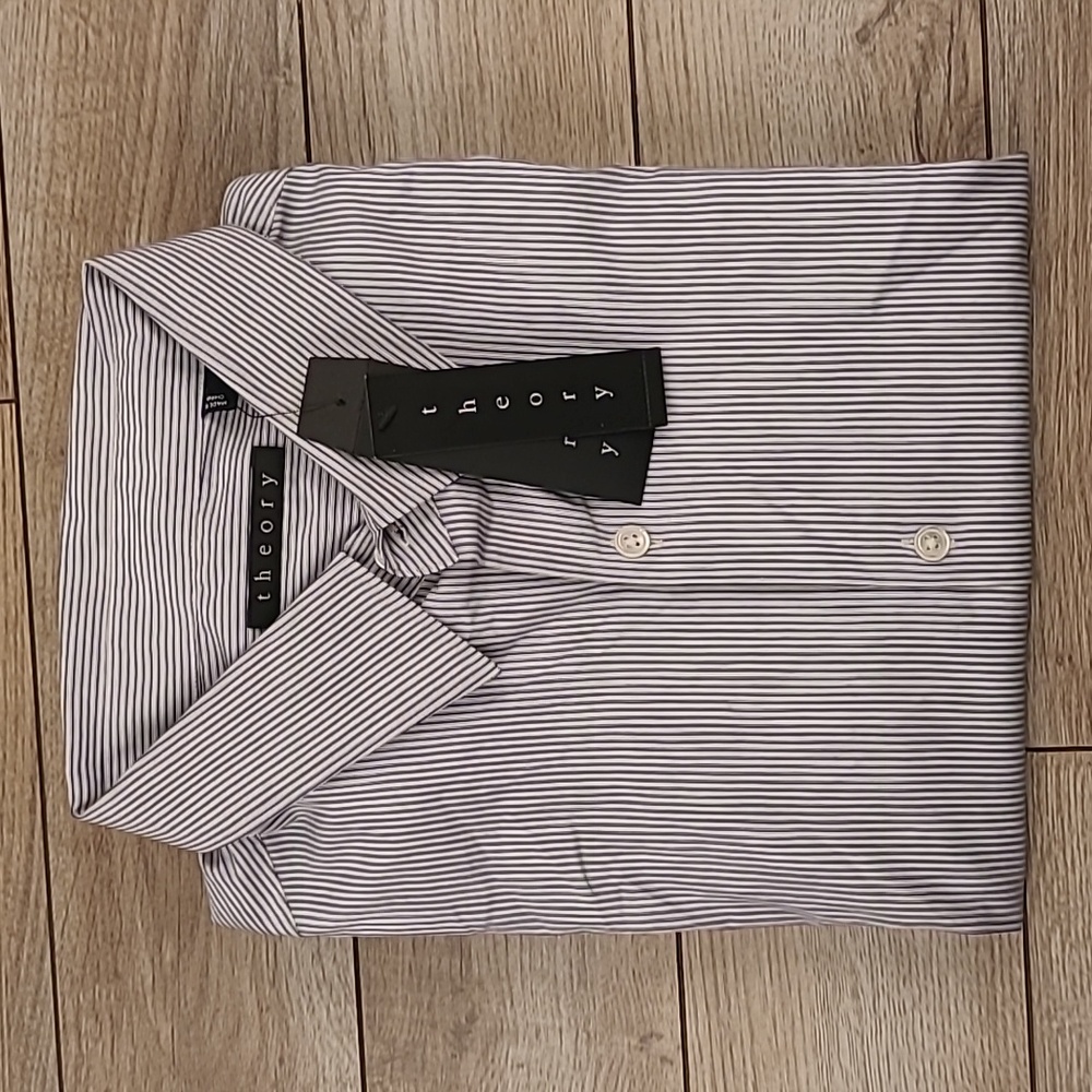 THEORY Sylvain White Navy Striped Cotton Mens Sz XL Long Sleeve Casual Shirt NEW